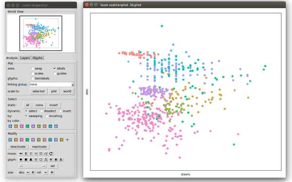 loon screenshot. Left: Inspector and Right: Scatterplot display.